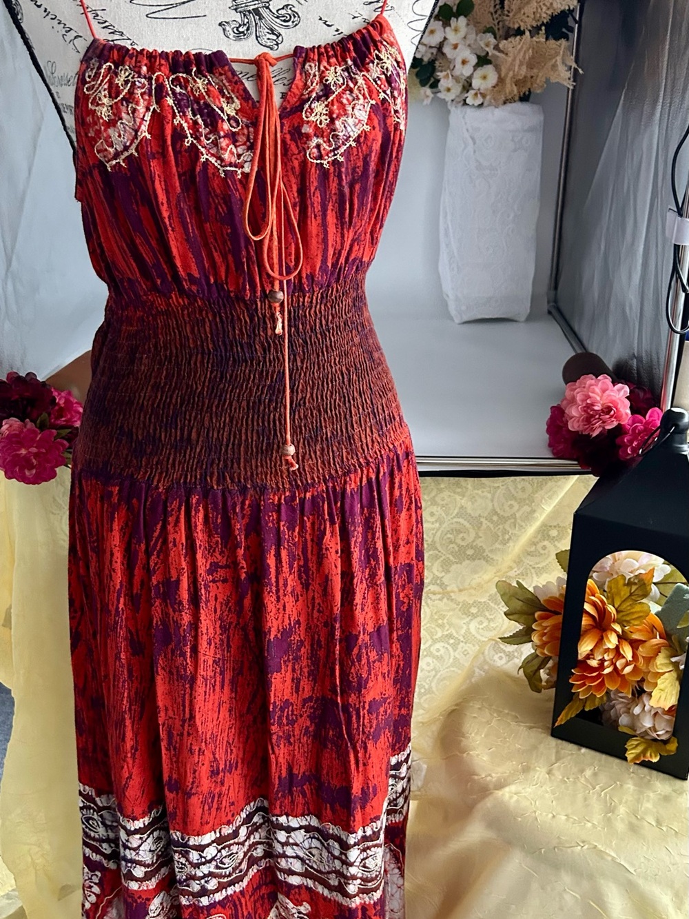 Bohemian Hippy Witchyvibes Goddess Grunge Maxi Dress with Embroidered Bodice